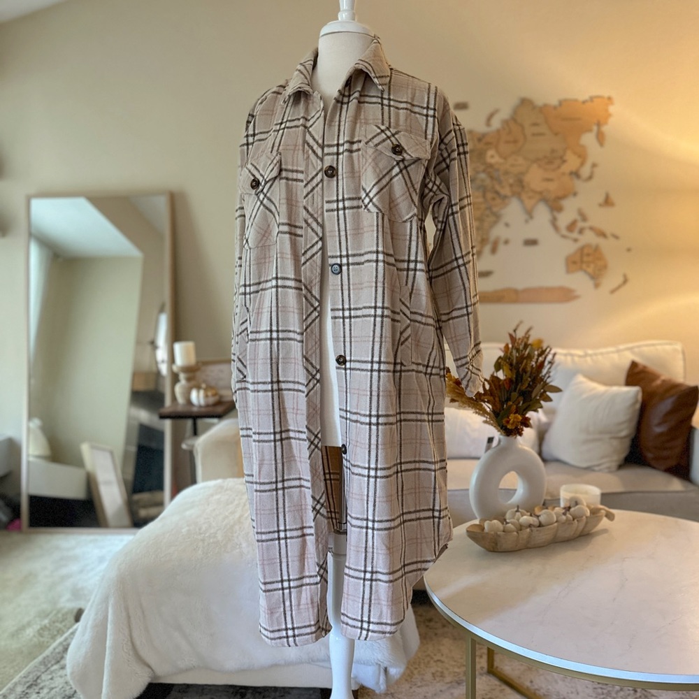 Long plaid button up jacket